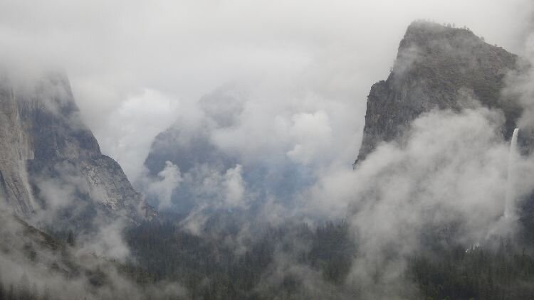 Can you see the waterfall on the right? It is Bridalveil Fall at Yosemite National Park